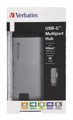 USB elosztó-HUB, USB-C/USB 3.0/HDMI/Ethernet/SD/microSD, VERBATIM