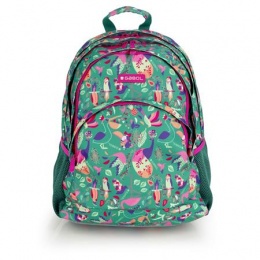 Hátizsák, iskolatáska, cipzáras, GABOL "Vida", zöld, trópusi mintás